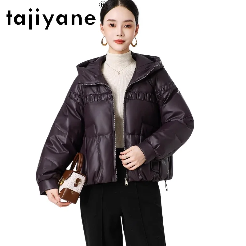 TAJIYANE Vera pelle di pecora Piumino d'anatra Cappotto da donna corto con cappuccio Capispalla Elegante giacca in vera pelle Abiti invernali Donna 2025 