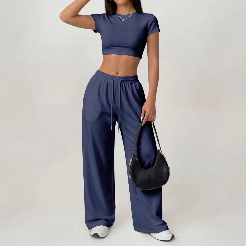 Sexy Summer Womens Outfits Slim Fit Short Sleeve T Shirt Long Pants Casual Sporty Style Aesthetic Clothing Solid Color Set view 2