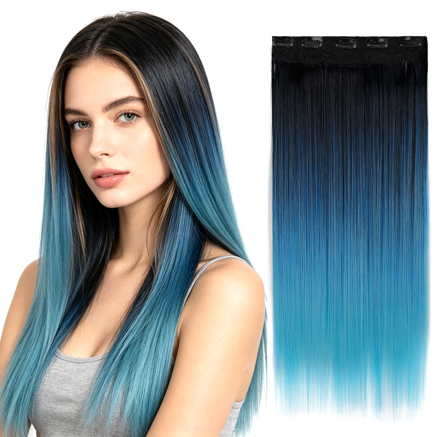 5 Clips Clip-in One Piece Hair Extension Tri-Tone Ombre Gradient Color Straight Synthetic Hairpieces for Women