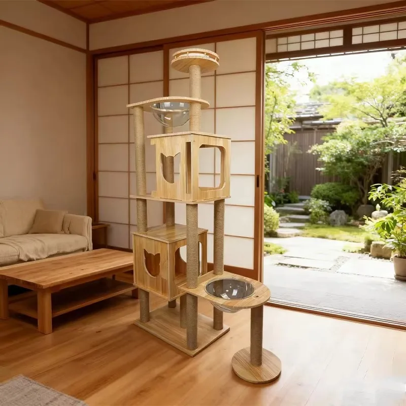 когтеточка для кошек с домиком высокая Solid Wood Luxury Cat Climbing Frame DIY 3-Tier Cat Condo with Cat Scratching Post All-in