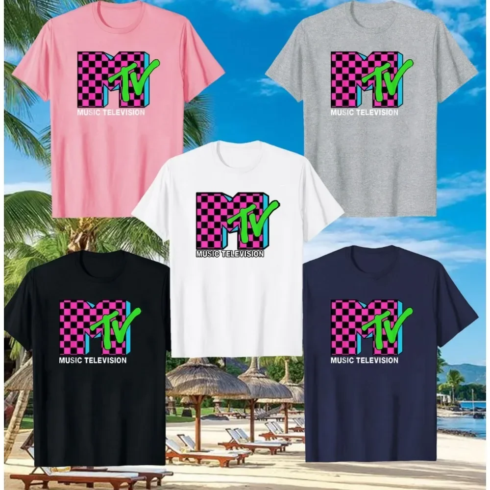 New Fashion Men Women T-shirt Classic MTV Pink and Blue Plaid Design Printed Tshirt Short Sleeve Vintage High Quality Tshirts
