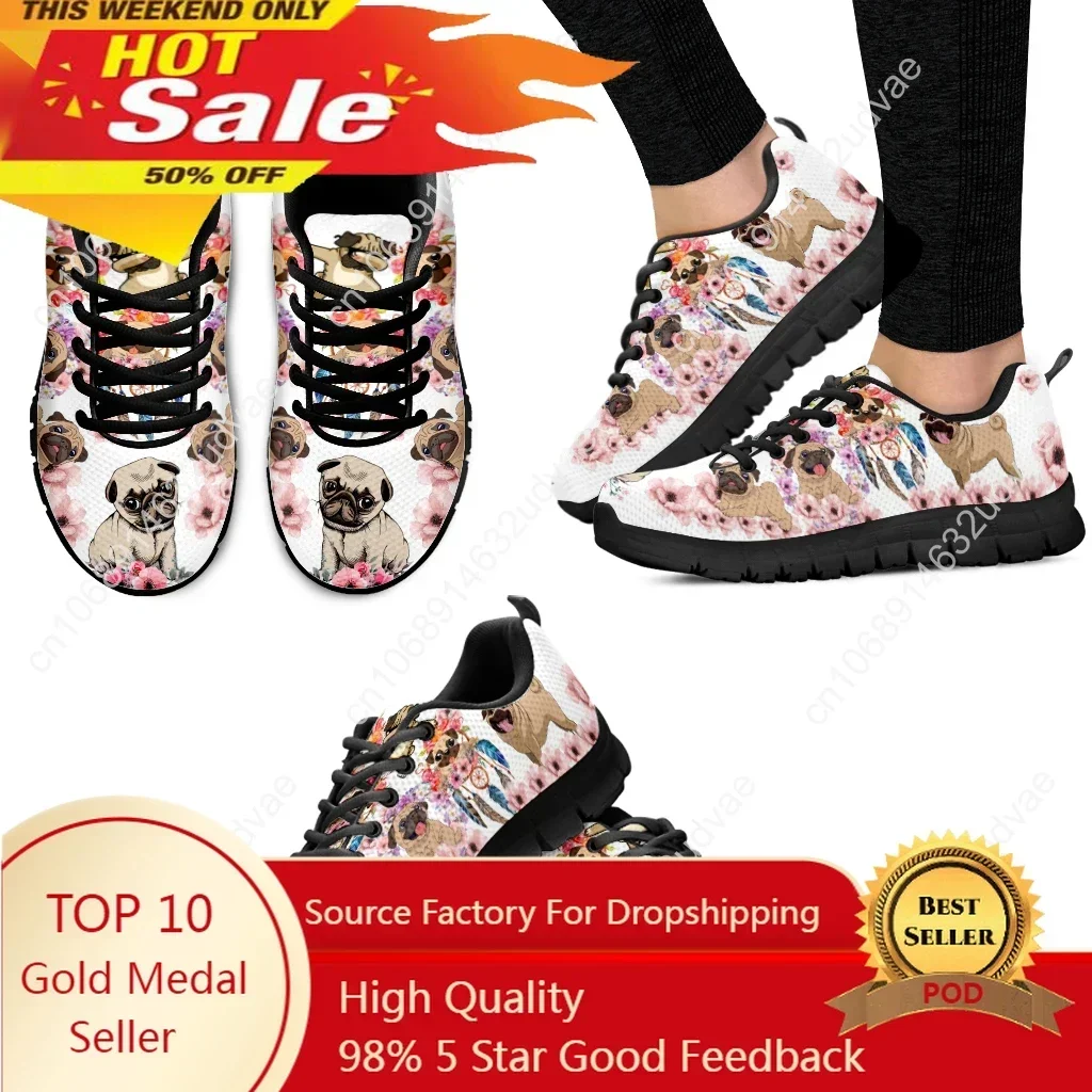 Cute Pug Pattern Flower Print Lightweight Outdoor Shoes Black Platform Shoes Summer Breathable Sneakers Zapatos
