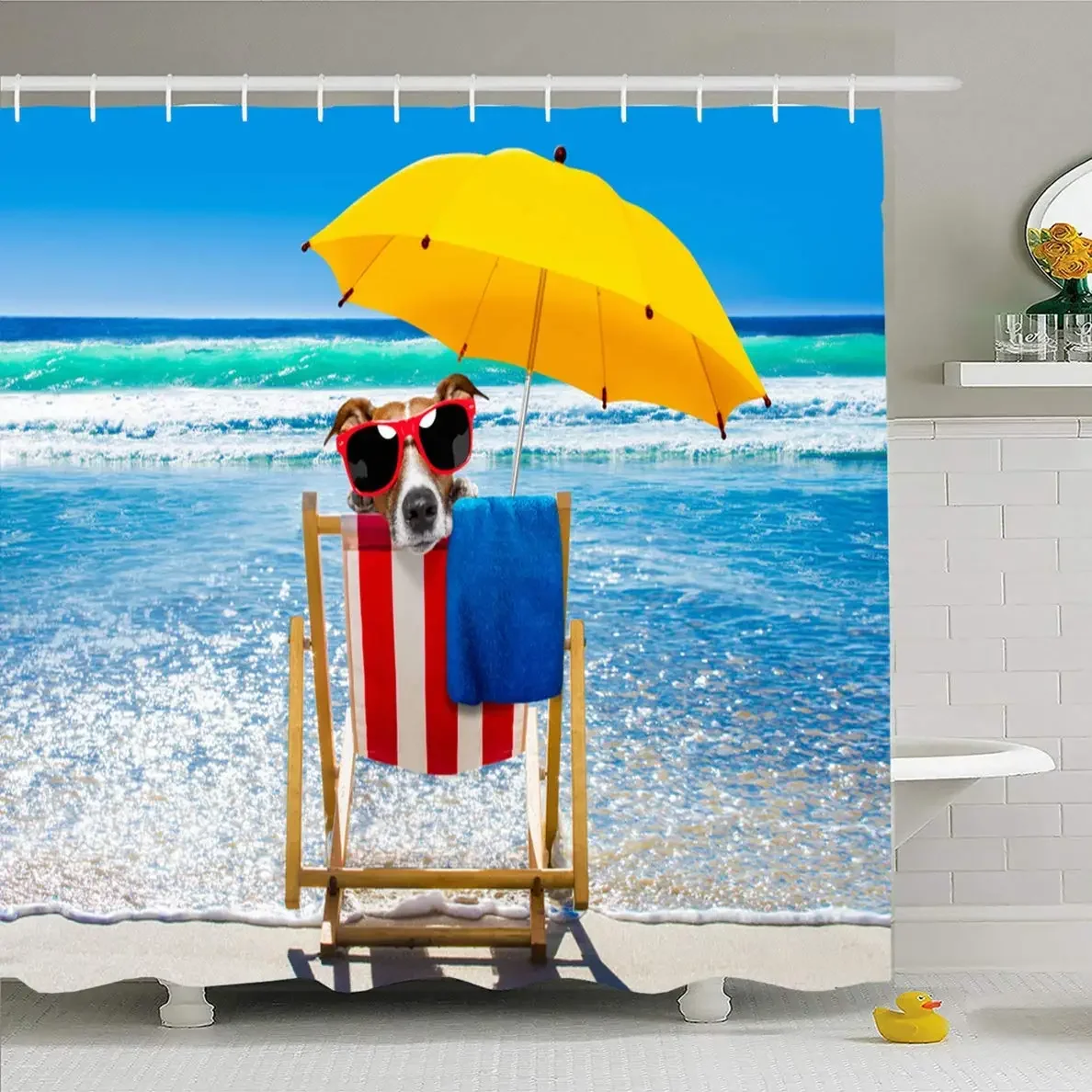 Summer Tan Beach Jack Russell Dog Resting Relaxing On Sun Sports Waterproof Polyester Fabric Bathroom Curtains