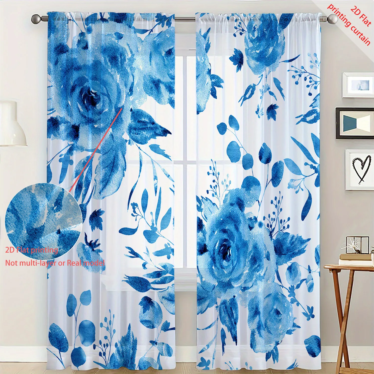 Blue flower printed transparent gauze curtain, used for office, bedroom, living room, balcony windows, home aesthetic decoration