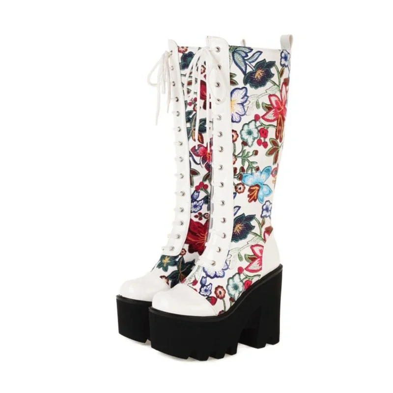 

BLXQPYT High-Heeled Shoes Platform Front Cross Strap Knee Boots Round Toe Print Flower Zipper Sexy Thigh High Boots Size 44 6626