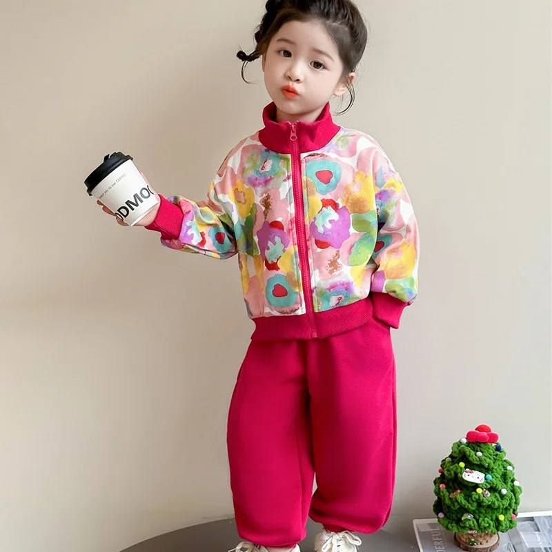

Kawaii Casual Coat Two-piece Set Girls' 2025 Spring Autumn New Children's Flower Internet Celebrity Street Sports Baby Clothes