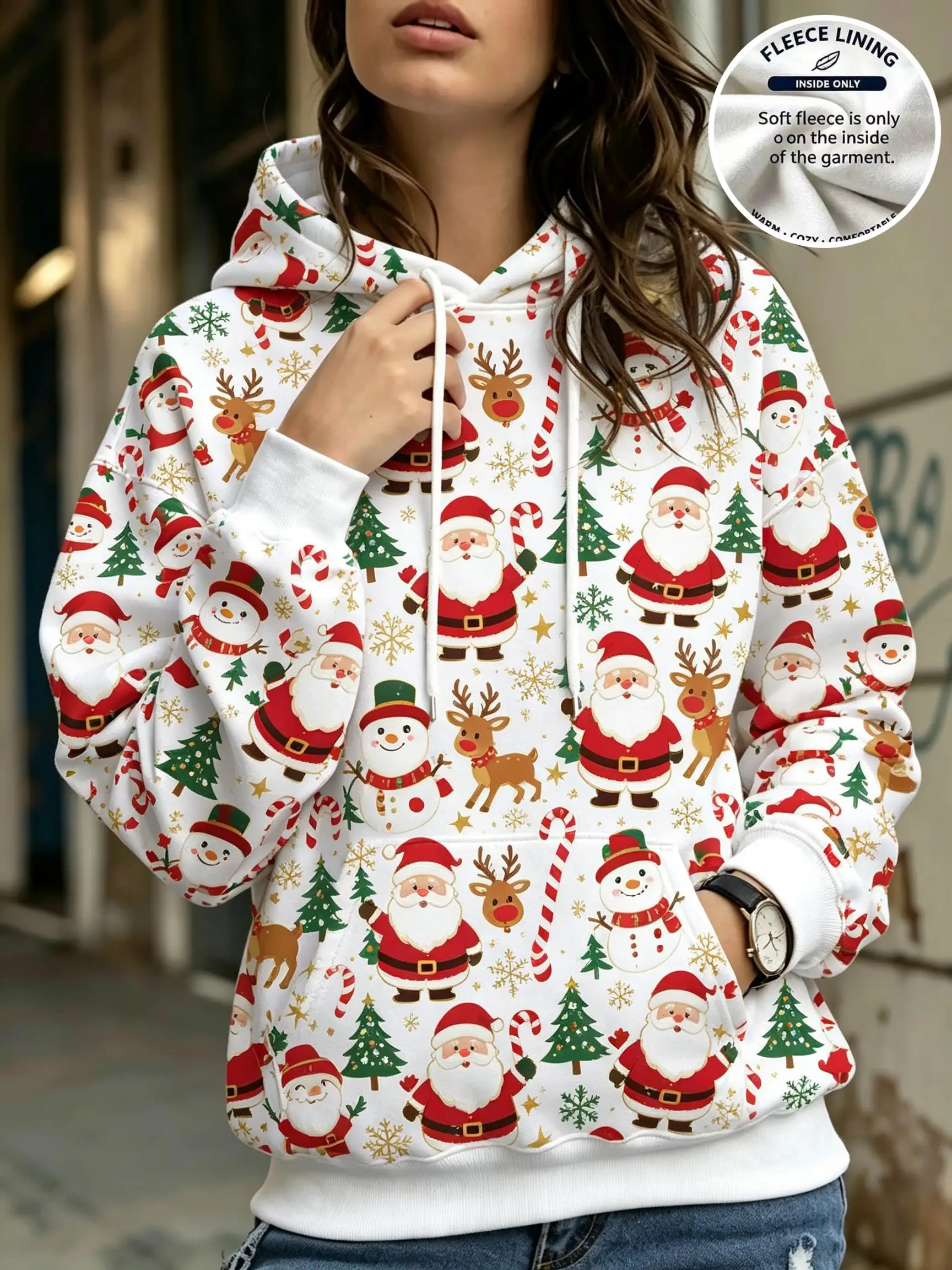 Women Christmas Allover Santa Claus Tree Reindeer Stocking Gifts Fleece Hoodie White Pocket Sweatshirt