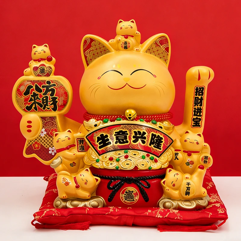 13.3 Inch Large Maneki Neko Ceramic Lucky Cat Beckoning Cat Ornament, Golden Fortune Cat Figure Statue Business Decoration