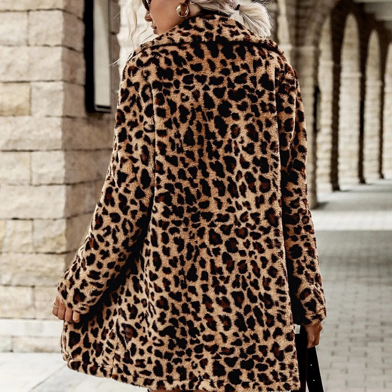 Winter Women's Clothing Faux Fur Coat Leopard Print Long Sleeve Outerwear Straight Cut Thick Polyester Notched Collar Hair Coat