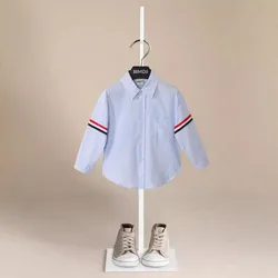 New Children Solid Blue Boys Striped Pocket Shirts Kids Tops Long Sleeve Baby Wedding Clothing Baby Top Tee Shirts 2-8 Years