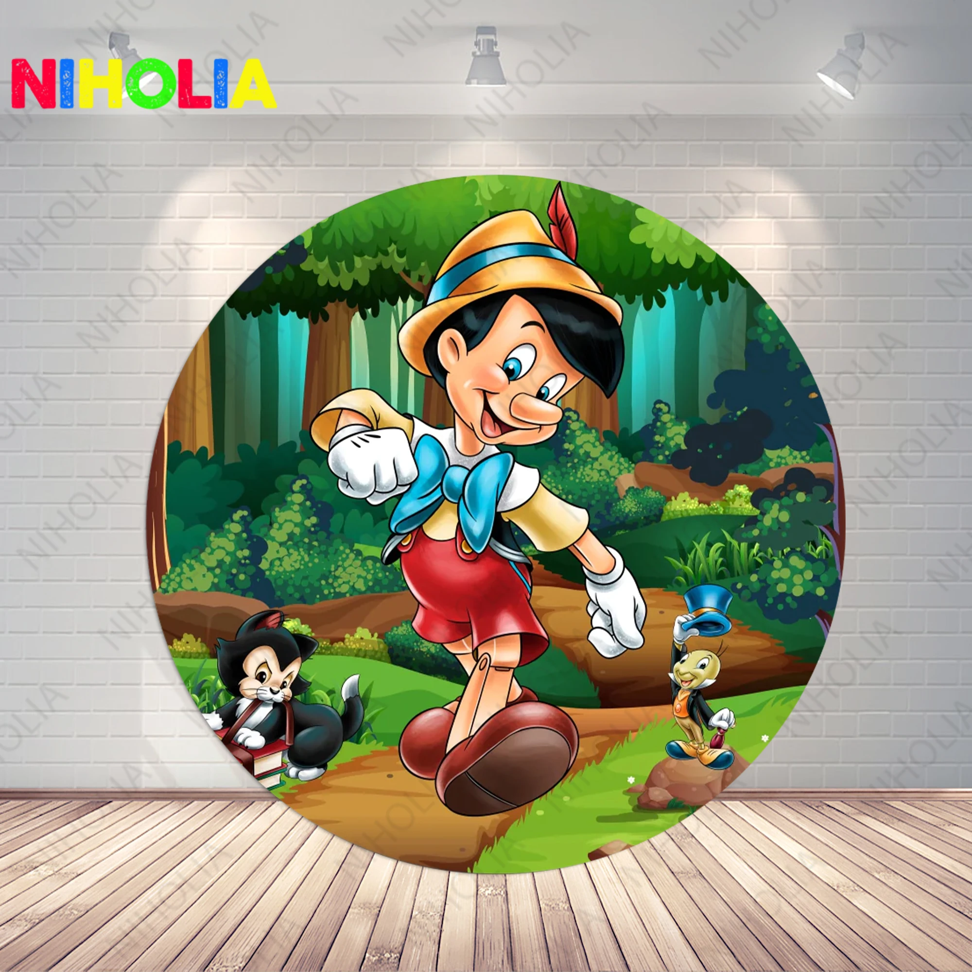 Disney Pinocchio Photo Backdrop Circle Cover Kids Birthday Cartoon Carpenter Photography Background Round Photo Booth Prop