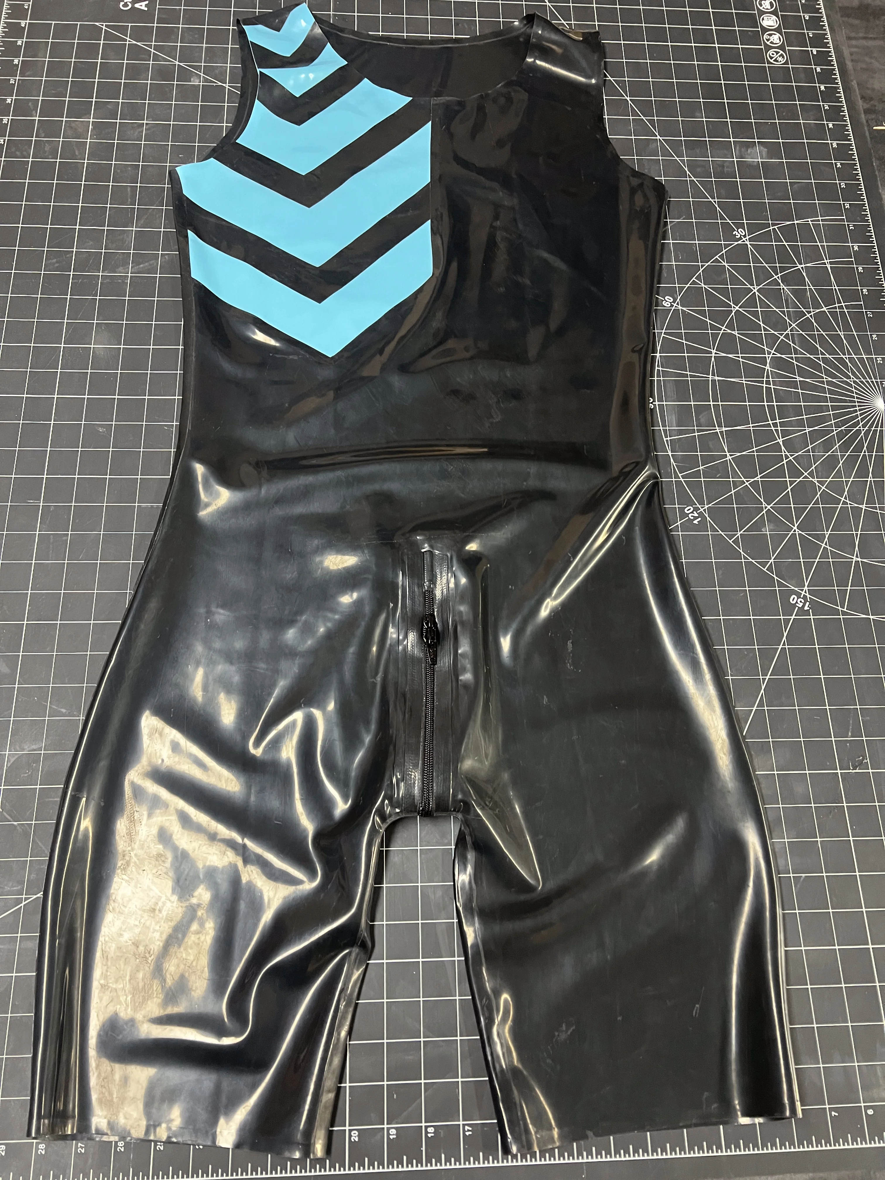 

Men's Black Rubber Bodysuit Form-Fitting Sleeveless Short Jumpsuit Details Handmade
