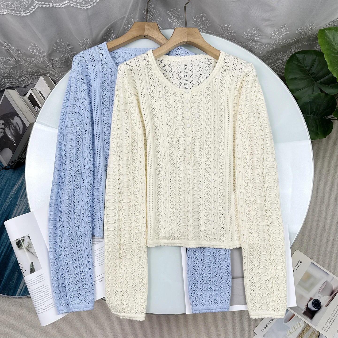 

Элегантный вязаный кардиган с ажурным узором, воротником Хенри, в французском стиле, с длинными рукавами, укороченный, на пуговицах, женский.