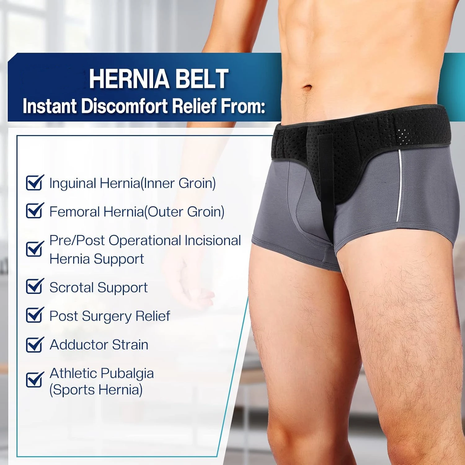 Adjustable Adult Hernia Belt Man Inguinal Groin Support Inflatable Hernia Bag with 1 Removable Compression Pad Pain Relief
