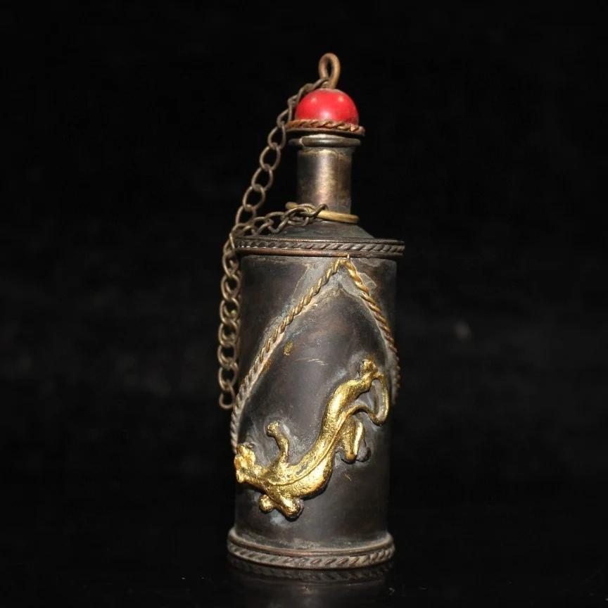 Early collection antique do old pure bronze gilt Chilong snuff bottle ornaments