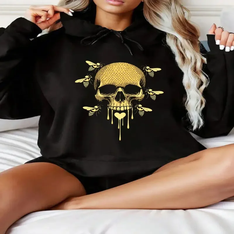 

Свободная толстовка с рисунком «Золотой череп и пчелы», повседневный пуловер с рисунком, толстовка с шнурком, которую можно стирать в машине на осень-зиму