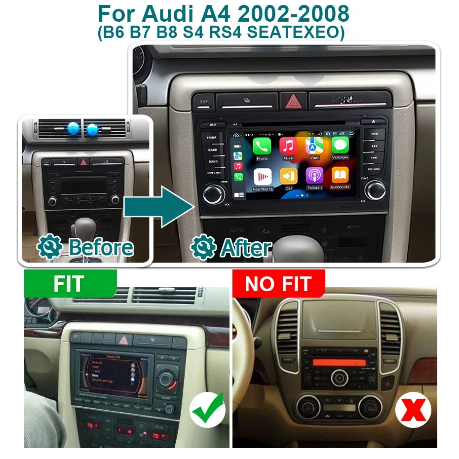 Radio Estéreo inalámbrica para coche, reproductor Multimedia con Android 14, Carplay, 7 pulgadas, WIFI, para Audi A4, B6, S4, B7, RS4, Seat Exeo, 2002-2008 2