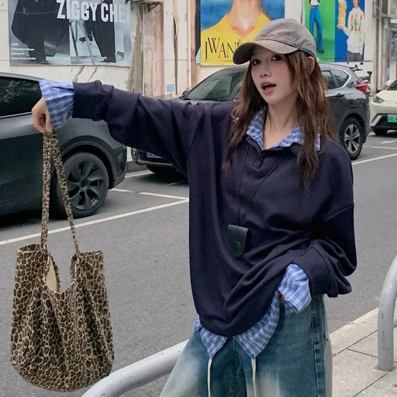 

Loose Lazy Wind Sweatshirts Women Plaid Fake Two Piece Patchwork Autumn Pullovers Vintage Streetwear Long Sleeve Sports Y2K Tops