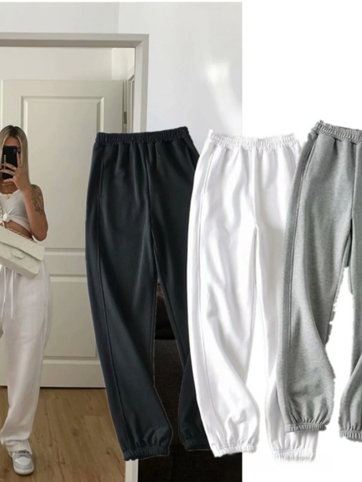 ay عادية Harajuku Sle المرأة السراويل الرياضية عالية الخصر السراويل الطويلة الشارع Faion سبليت الكفة سستة الترفيه Sweatpants #1