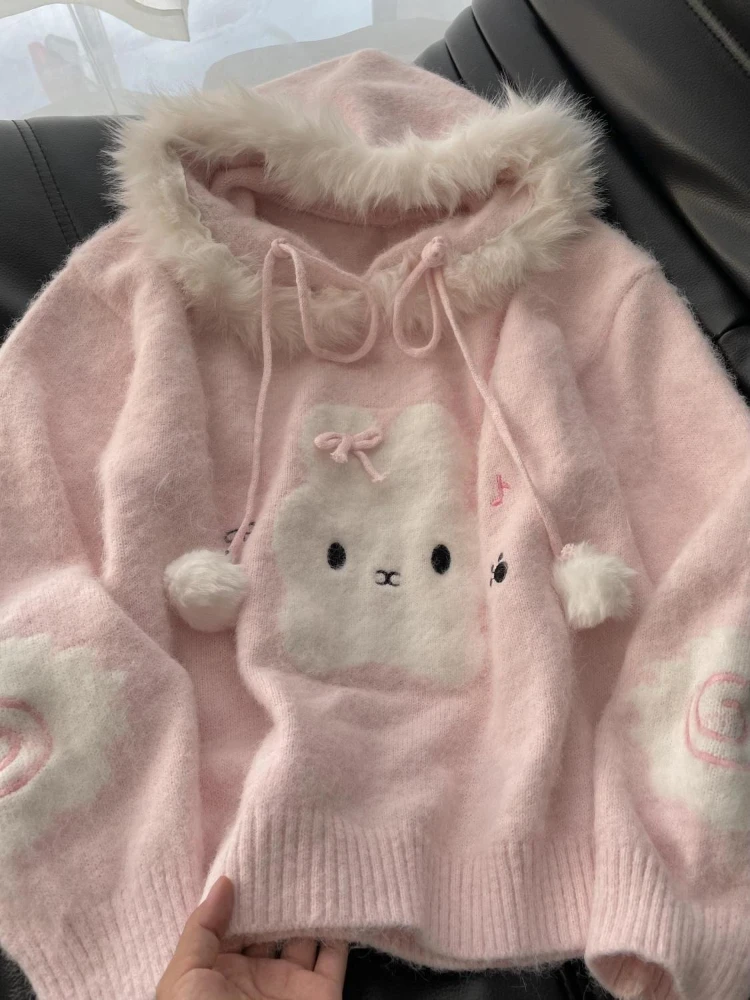 

Милый свободный мягкий вязаный топ в японском стиле с милым мультяшным кроликом, жаккардовый свитер с капюшоном, женская осенне-зимняя розовая повседневная одежда