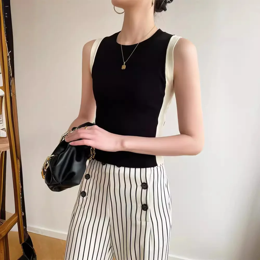 6961 Letnia francuska bluzka bez rękawów z okrągłym dekoltem, blokami kolorów, dopasowanym krojem, wysokim stanem i krótkim krojem dla kobiet