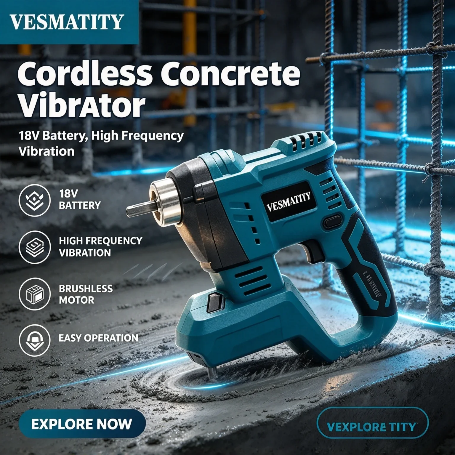 Vesmatity 20V Battery Concrete Vibrator Brushless High Power Heavy Duty Cordless Compactor Tool Max Unit HD