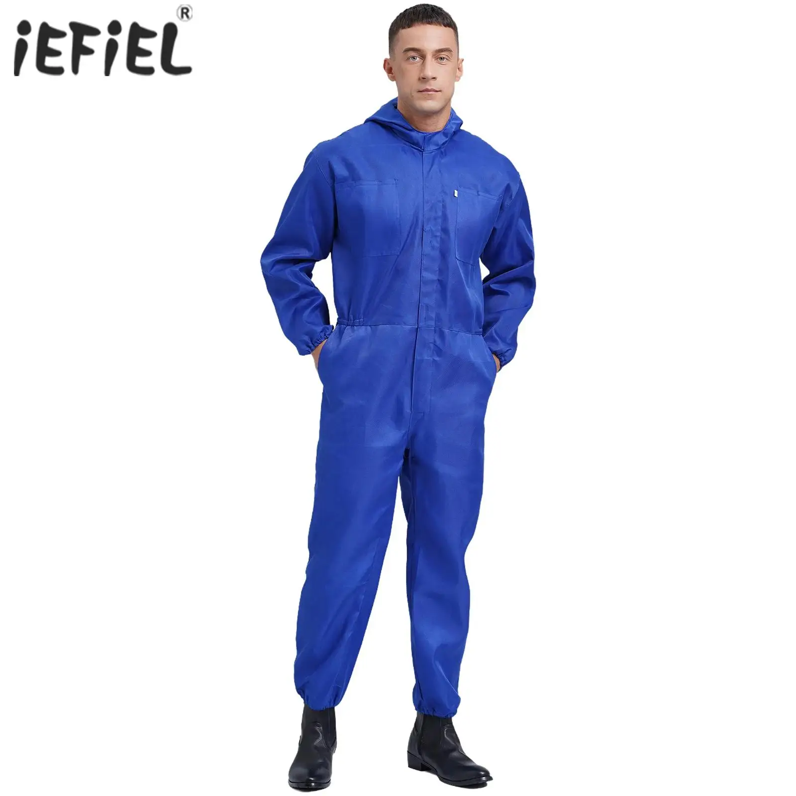 

Mens Dustproof Hooded Coverall Long Sleeve Front Half Zipper Big Pockets Overalls Jumpsuit Dungarees Workshop Worker Uniform