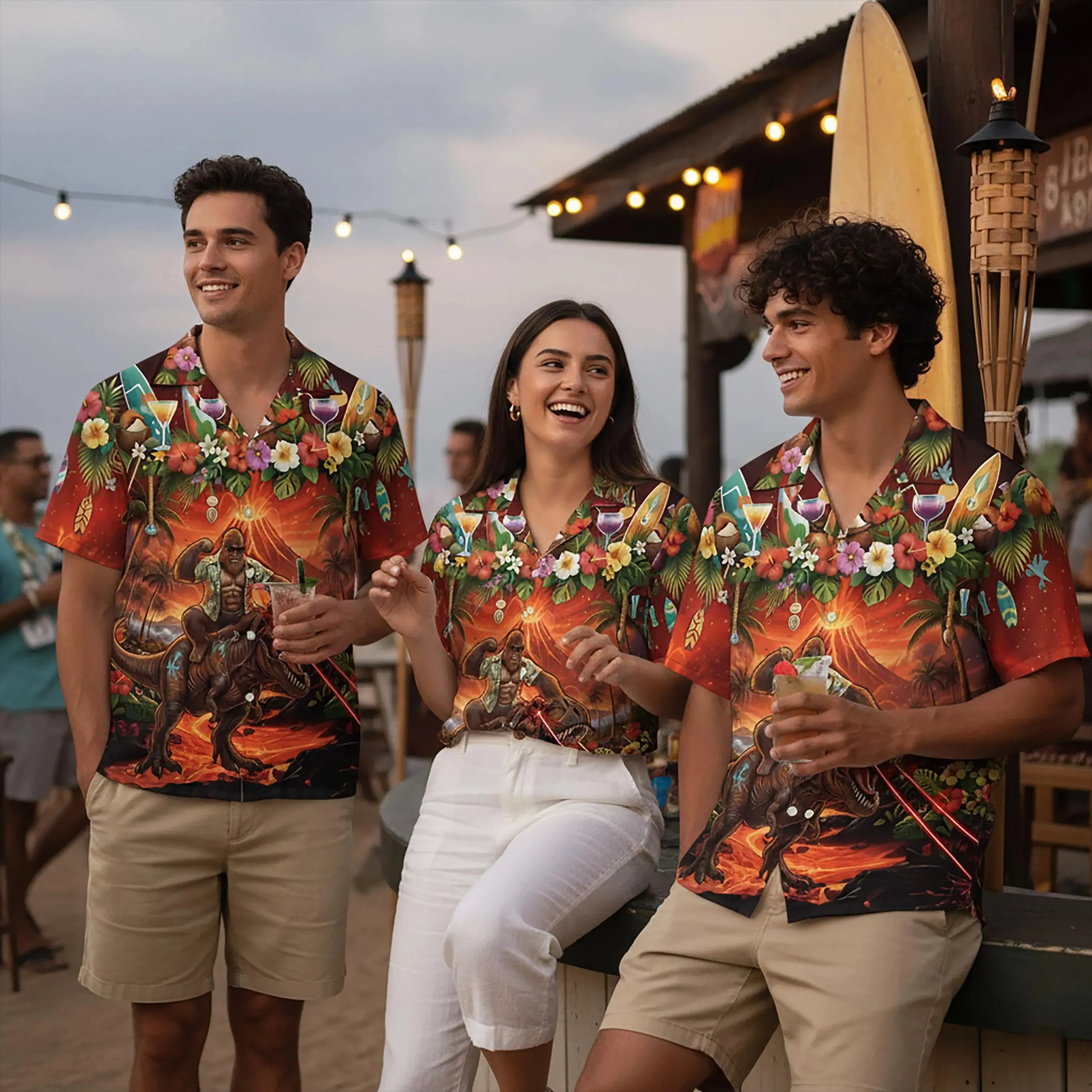 

New Bigfoot Riding Dinosaur Hawaiian Shirt Laser Eye T-Rex Tropical Shirts Funny Sasquatch Volcano Beach Monster Jungle Shirt