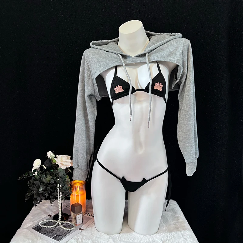 SENMHS Anime Girl Cute Cat Paw Cosplay Temptation Underwear  Women Hooded Long Sleeve Three Point Bikini Set Sexy Pajamas