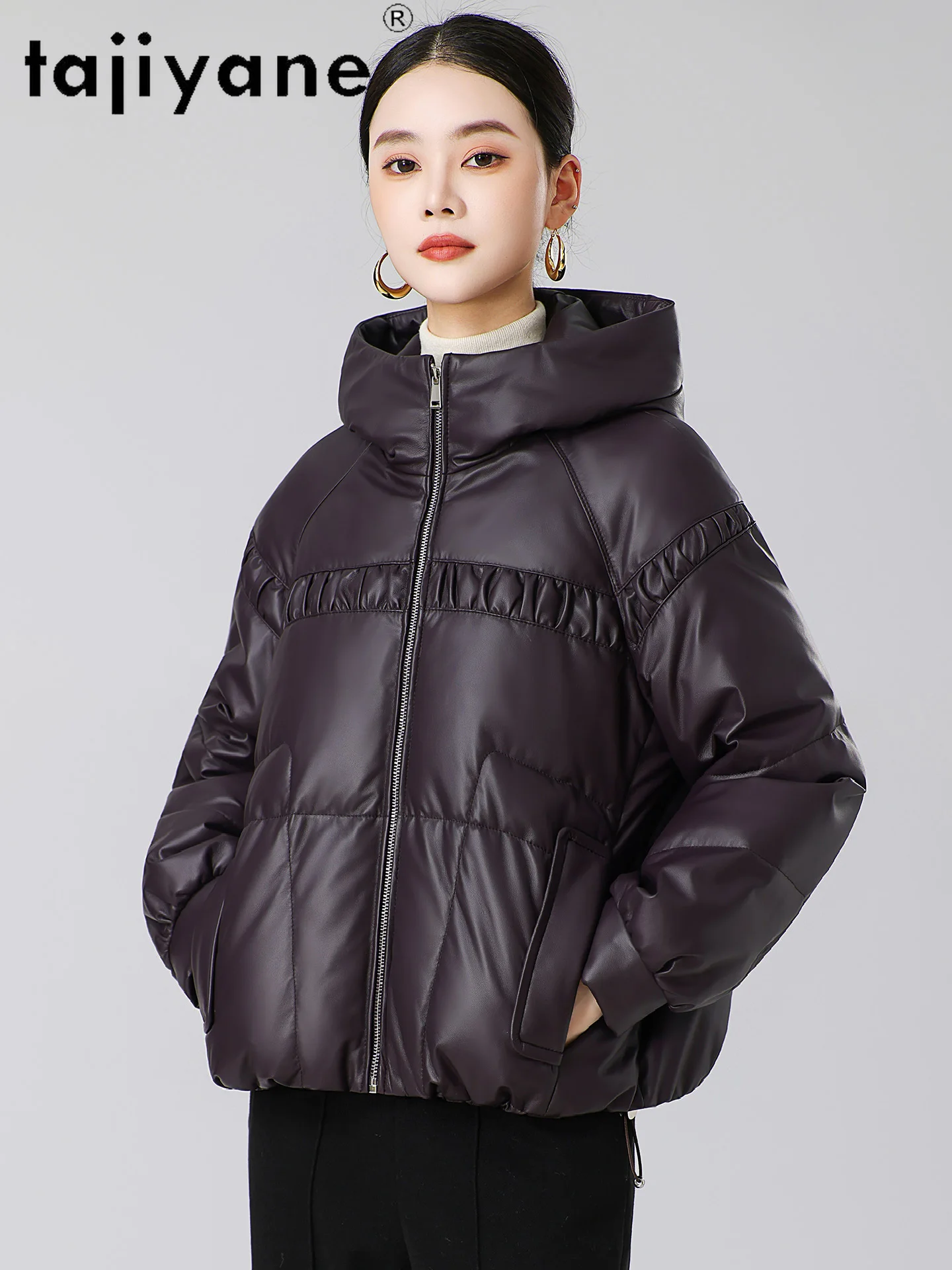 TAJIYANE Vera pelle di pecora Piumino d'anatra Cappotto da donna corto con cappuccio Capispalla Elegante giacca in vera pelle Abiti invernali Donna 2025 