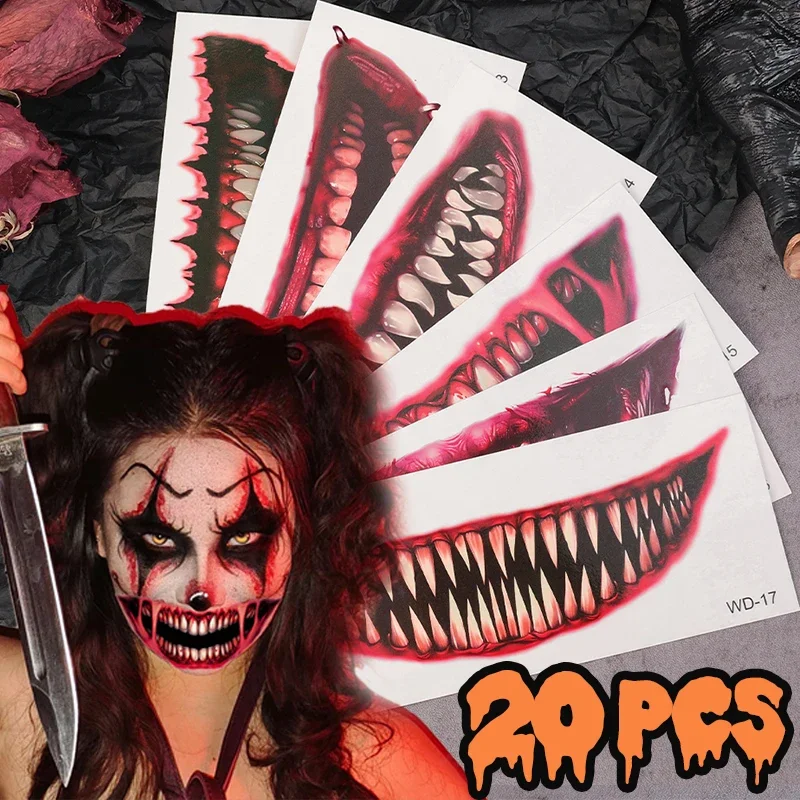 Halloween Scary Big Mouth Tatuagem Temporária, Adesivo Impermeável, De Longa Duração, Não Estimular, Segurança, Enviado Aleatoriamente, 18 Estilos