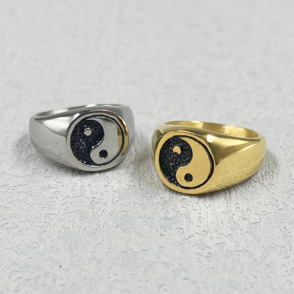 316L Solid Stainless Steel gold silver color Men Ring For Tai Chi Seal Totem 2021 New Trend Male Jewelry