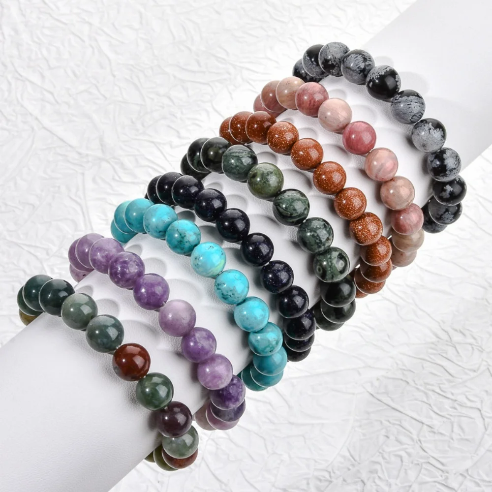 

6mm8mmNatural Stone Round Beads Bracelet Agate Crystal Rose Quartz Healing Gemstone Jewelry Elastic Bangle For Women Men Gift