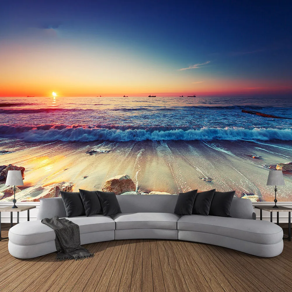 Summer Landscape Beach Sunset Sea Wave Tapestry Wall Hanging Printed Large Tapestry Aesthetic Dorm Interior Room Bedroom Decor