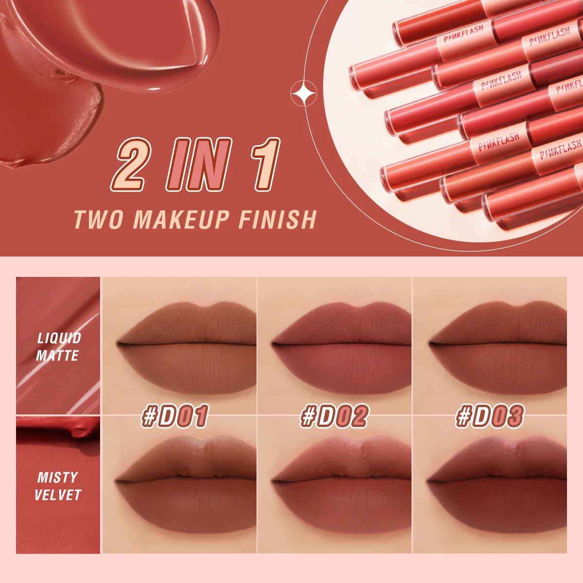 PINKFLASH 2 In 1 Dual-head Velvet Liquid Lipstick Long-lasting Matte Lip Gloss High Pigment Lightweight Liptint Makeup Cosmetics