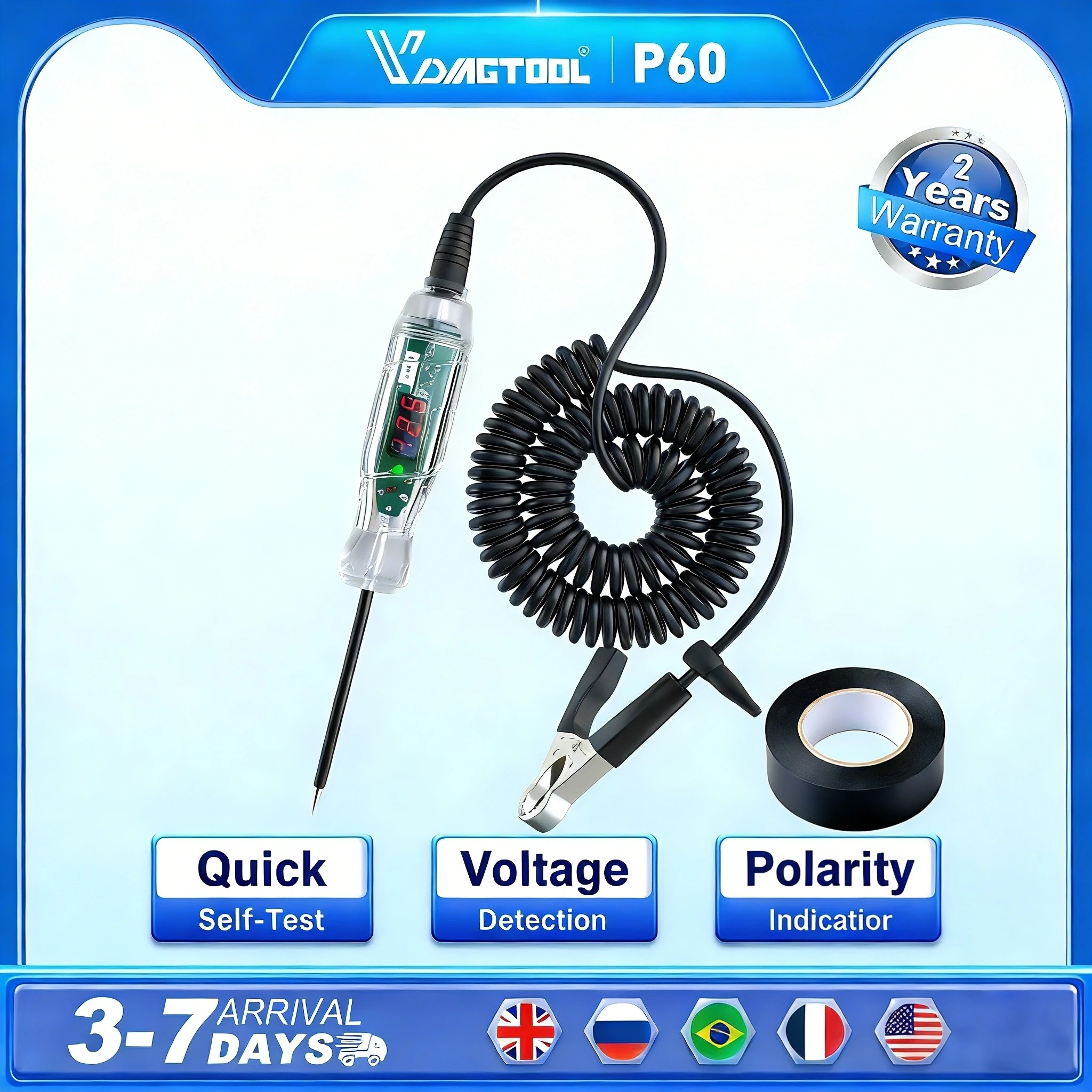 

New VDIAGTOOL P60 3-70V Car Circuit Tester with LED Voltage Display Power/Polarity/Short/Fuse Detection Free Replacement