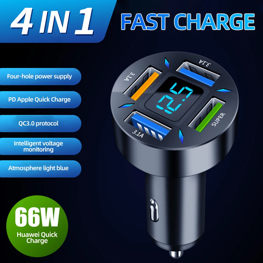 66W USB Car Charger PD QC3.0 Fast Charger with Voltmeter Cigarette Lighter Socket Power Adapter For iPhone 11 12 Samsung Xiaomi