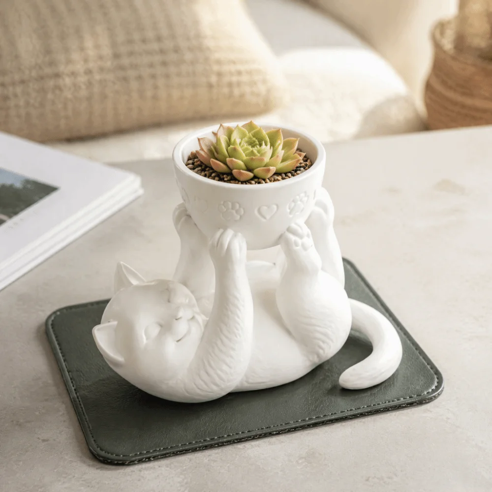 Unique 3D Printed Reclining Cat Planter Irregular Shape Lightweight Succulent Planter Creative Plastic Flowerpot Office