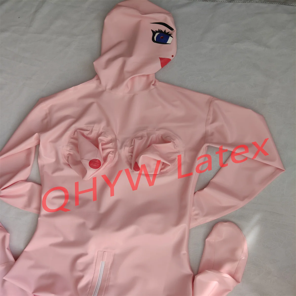 Lateksowy kombinezon Catsuit Pink Full Body 3d Breast Rubber Bodysuit Full Cover Suit z zamkiem błyskawicznym z tyłu w kroku Ręcznie robione dla