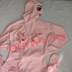 Lateksowy kombinezon Catsuit Pink Full Body 3d Breast Rubber Bodysuit Full Cover Suit z zamkiem błyskawicznym z tyłu w kroku Ręcznie robione dla kobiet (bez rękawiczek)