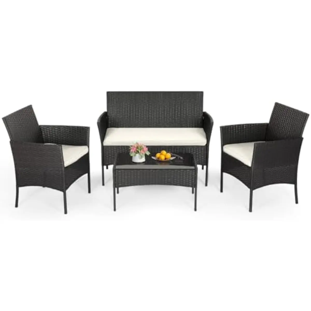 4 Piece Outdoor Seating Set with Woven PE Rattan and Tempered Glass Table, Rust Resistant Steel Frame Patio Furniture Weatherproof for Garden Balcony New