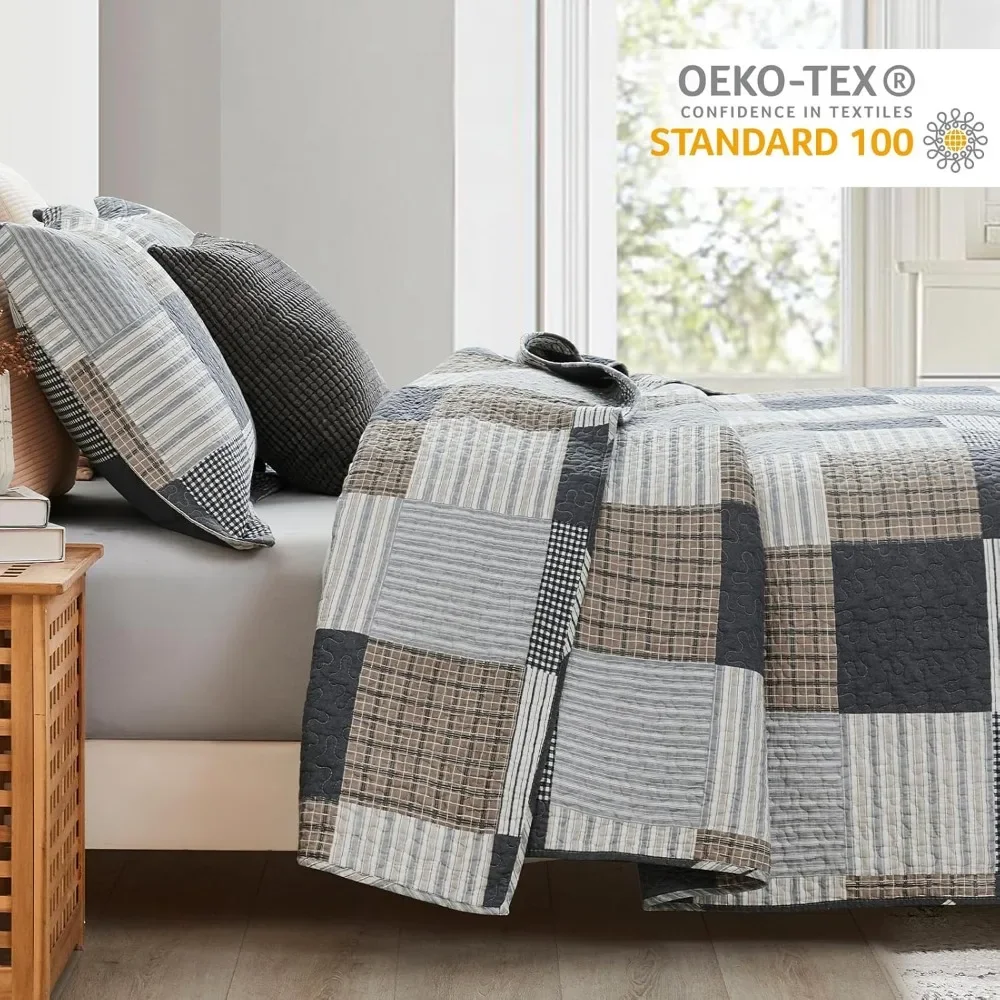 Quilted Extra Large -100% Pure Cotton Grid Extra Large Quilt, Farmhouse and Rural Quilted Bedding Set, 3 Pieces