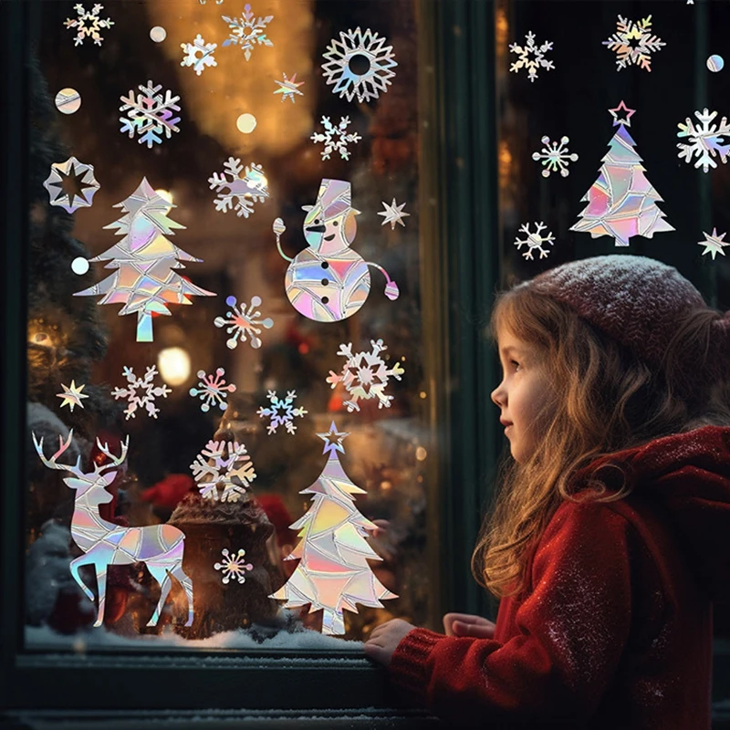 Suncatcher-pegatina de ventana de copo de nieve de Navidad, árbol de Navidad, muñeco de nieve, láser, Arco Iris, calcomanía de pared, Año Nuevo,