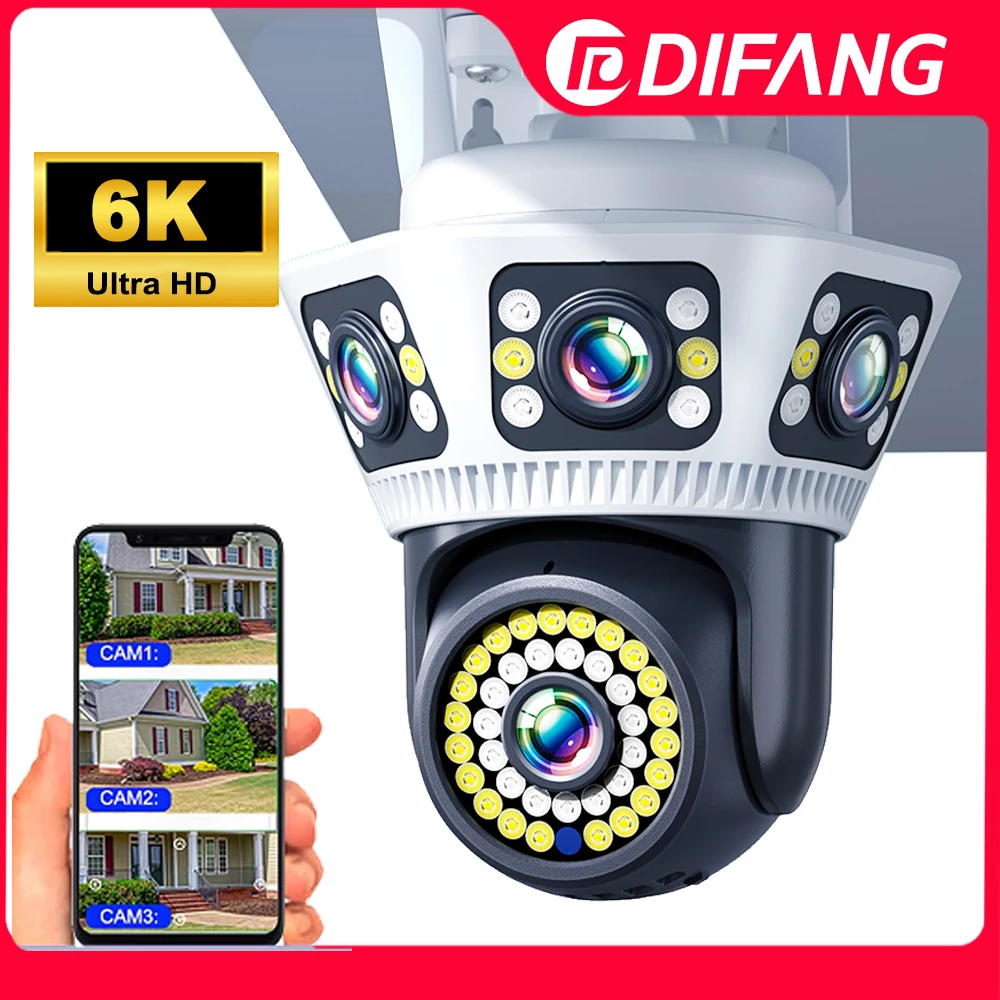 DIFANG 6K Triple écran, Caméra de sécurité WiFi extérieure, Ai Tracking, Caméra de surveillance CCTV, Caméra IP HD 12MP, Caméra vidéo de rue, caméra wifi externe, Yoosee