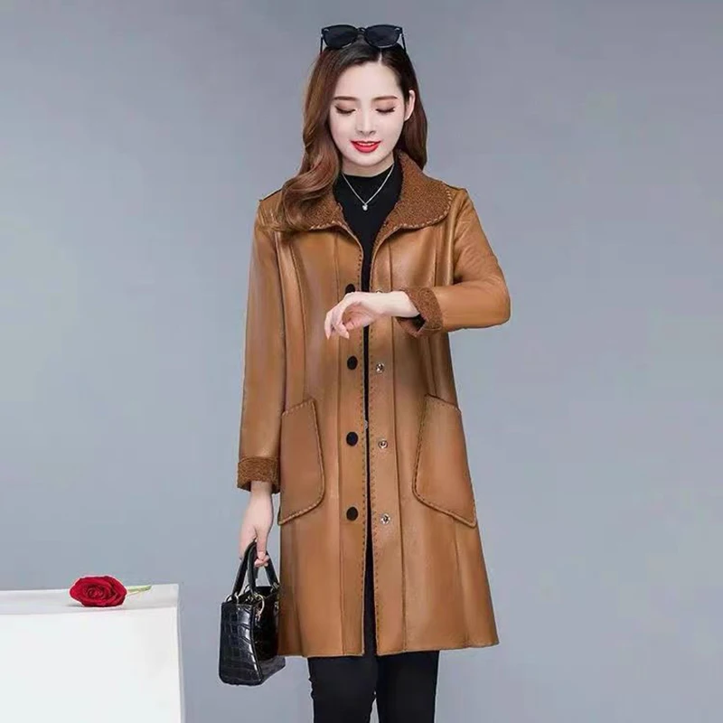 

Turn-down Collar Slim Fashion Leather Coat 2023 Pocket Simple Style Leather Coat Women Single Breasted Office Lady Leather Coat