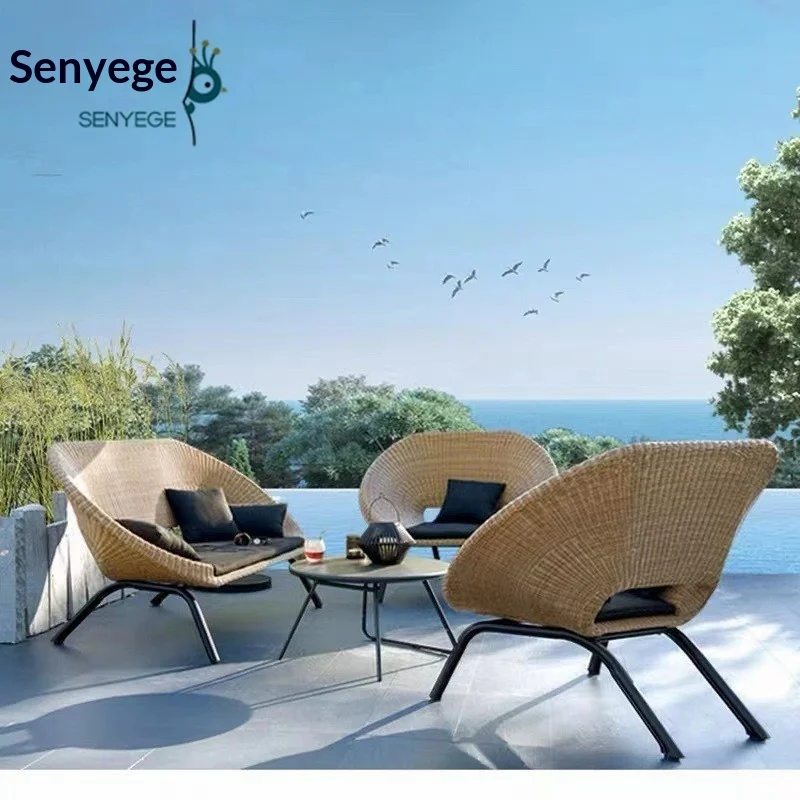 Custom Outdoor Northern Europe Design Rattan Chair Sofa Balcony Leisure Waterproof Electric Single Double Coffee Table Sofa Comb