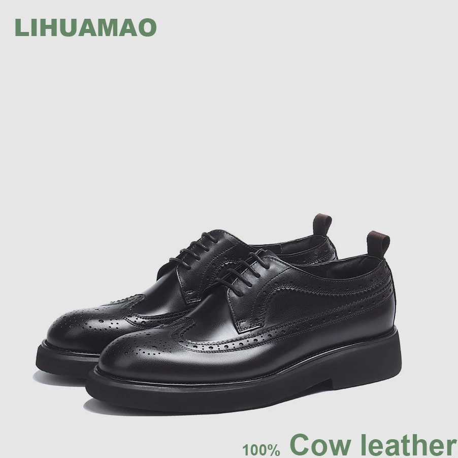 LIHUAMAO Grade A Cow leather derby Men Shoe Brogue Casual Designer oxford leather shoes Walking footwear outdoor work shoes