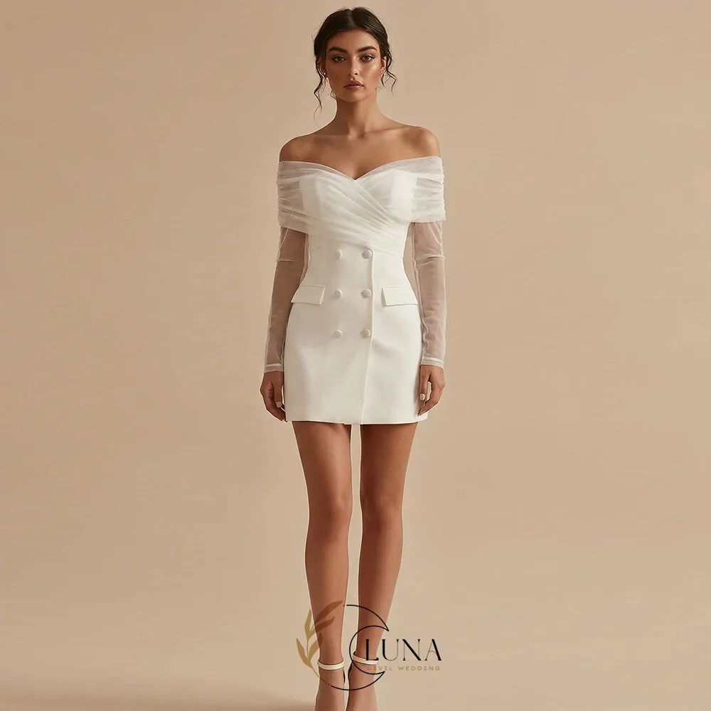 Luna Customized Mini Wedding Dresses Flap Pockets Off the Shoulder Satin Wedding Snap Dresses Suit Style Wedding Party Gown