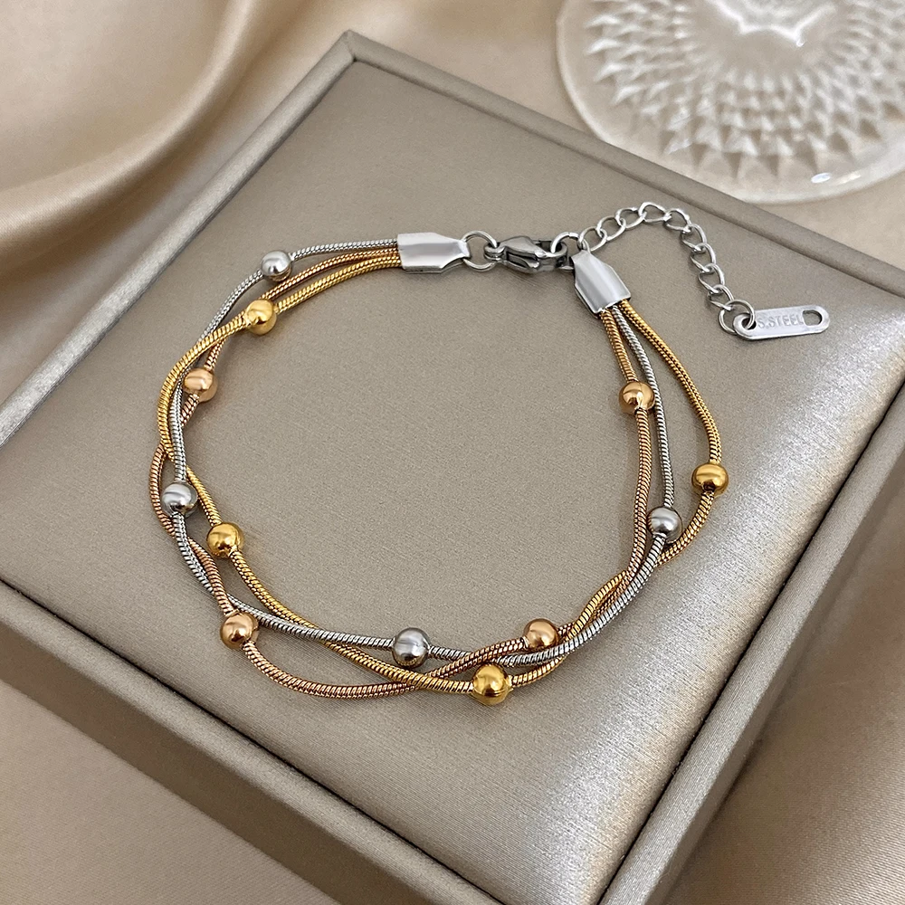 Stilvolles verstellbares Armband aus Edelstahl in Gold und Silber für Damen, elegante mehrschichtige Wickelarmbänder mit Perlen, Party-Schmuck – Detail 5