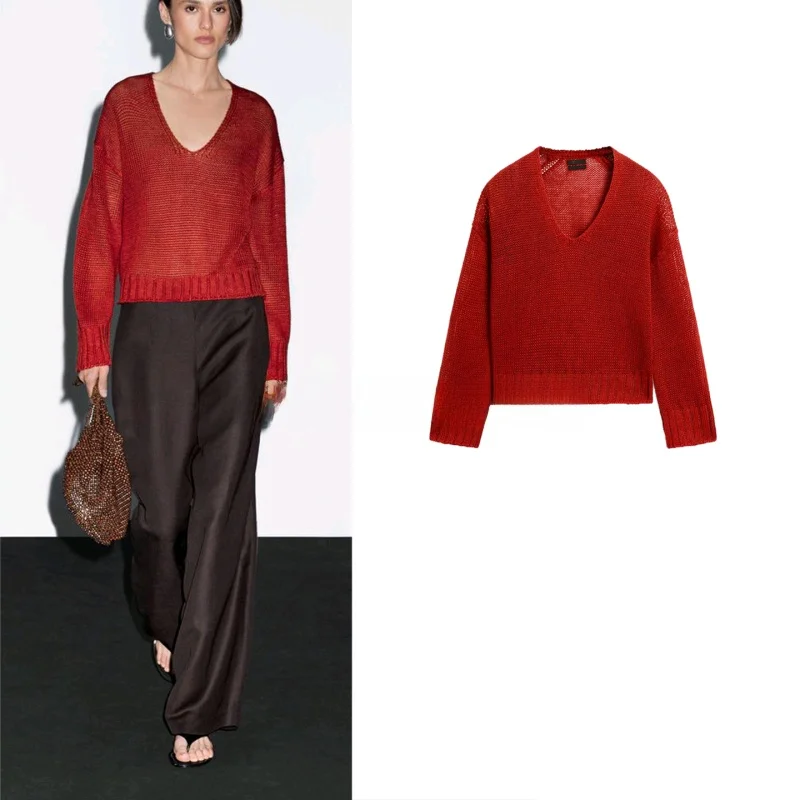 

MD Autumn New Women's Simple Sle Lightweight Mixed V-ne Long Sve Knitted Sweater Commute Sle Loose Fit Polyester Fiber